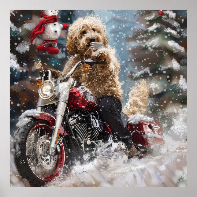 Goldendoodle Dog Riding Motorcycle Christmas  Poster (Front)