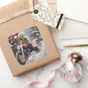 Goldendoodle Dog Riding Motorcycle Christmas  Square Sticker