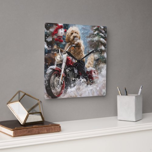 Goldendoodle Dog Riding Motorcycle Christmas  Square Wall Clock