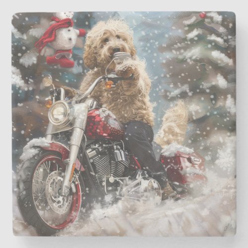 Goldendoodle Dog Riding Motorcycle Christmas  Stone Coaster