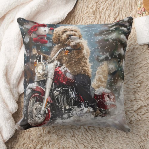 Goldendoodle Dog Riding Motorcycle Christmas  Throw Pillow