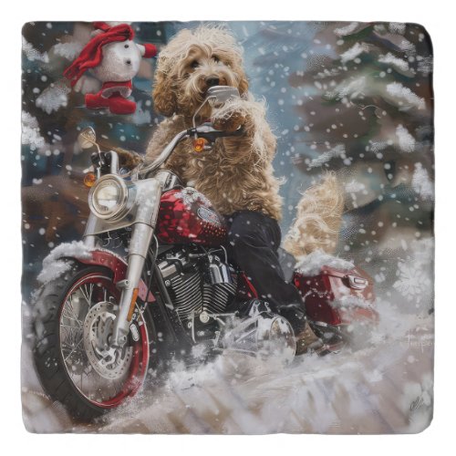 Goldendoodle Dog Riding Motorcycle Christmas  Trivet