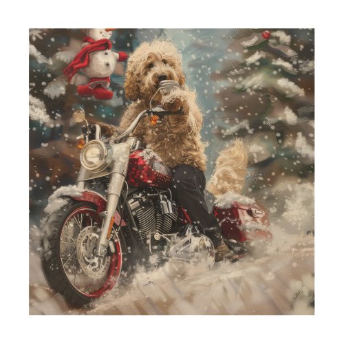 Goldendoodle Dog Riding Motorcycle Christmas  Wood Wall Art