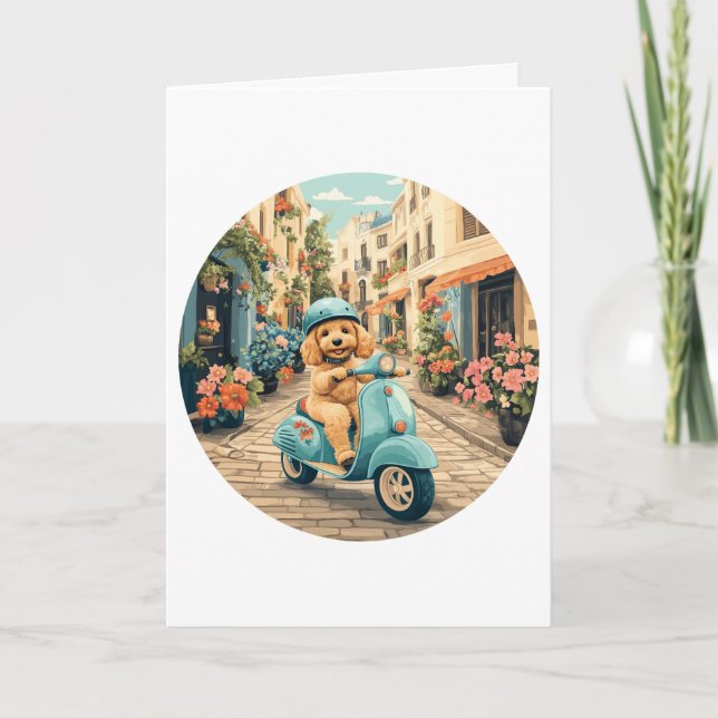 Goldendoodle Dog Riding Scooter European Streets Card (Front)