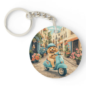 Goldendoodle Dog Riding Scooter European Streets Keychain