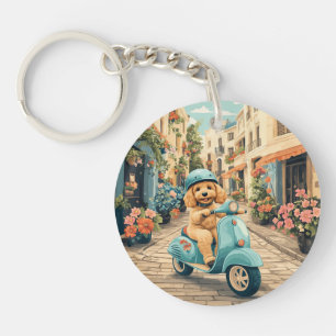 Goldendoodle Dog Riding Scooter European Streets Keychain