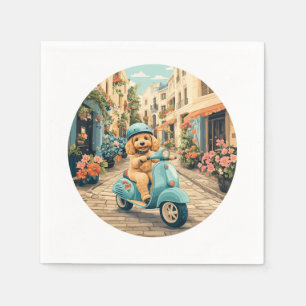 Goldendoodle Dog Riding Scooter European Streets Napkins
