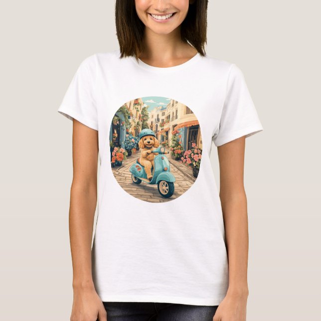 Goldendoodle Dog Riding Scooter European Streets T-Shirt (Front)