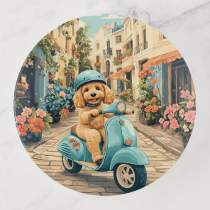 Goldendoodle Dog Riding Scooter European Streets Trinket Tray