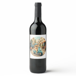 Goldendoodle Dog Riding Scooter European Streets Wine Label