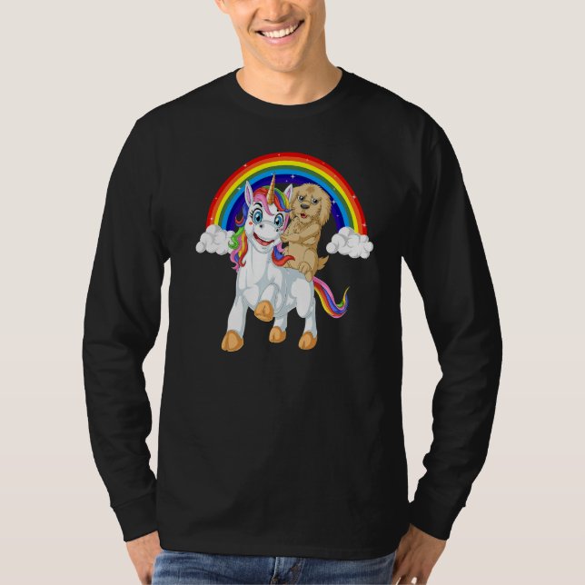 Goldendoodle Dog Riding Unicorn Rainbow Girls & Ki T-Shirt (Front)