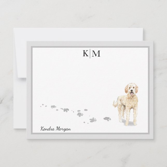Goldendoodle Dog Standing Gray Border Monogram Note Card (Front)