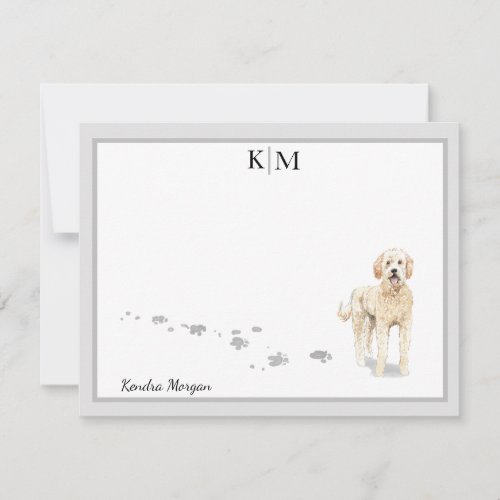 Goldendoodle Dog Standing Gray Border Monogram Note Card