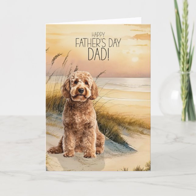 Goldendoodle Dog Sunset Beach Father's Day Holiday Card (Front)
