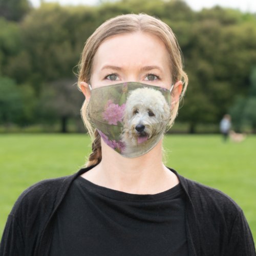 goldendoodle dog with azaleas adult cloth face mask