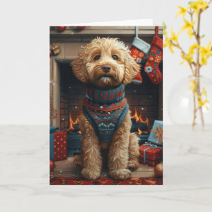 Goldendoodle Dog With Christmas Gifts Fireplace Card