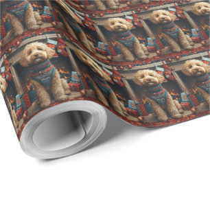 Goldendoodle Dog With Christmas Gifts Fireplace Wrapping Paper