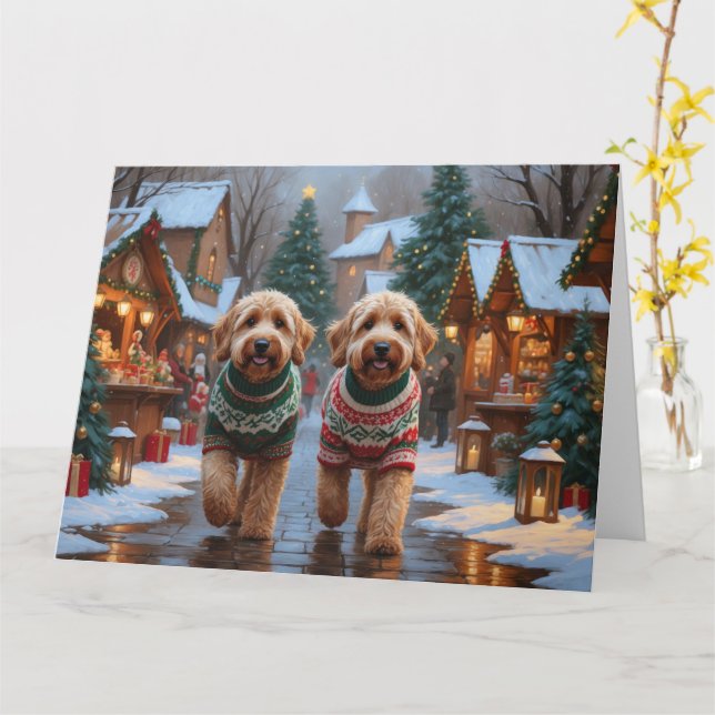 Goldendoodle Dogs Christmas Snow Holiday Card (Yellow Flower)