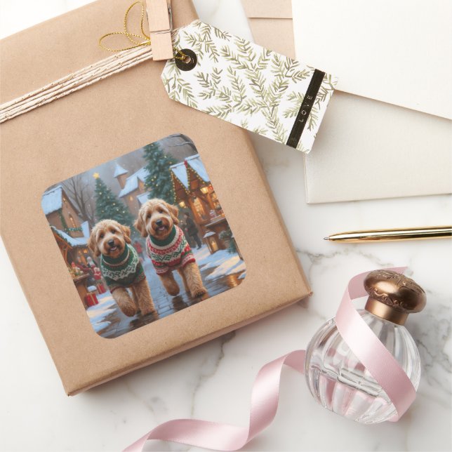 Goldendoodle Dogs Christmas Snow Holiday Square Sticker (Gifting)