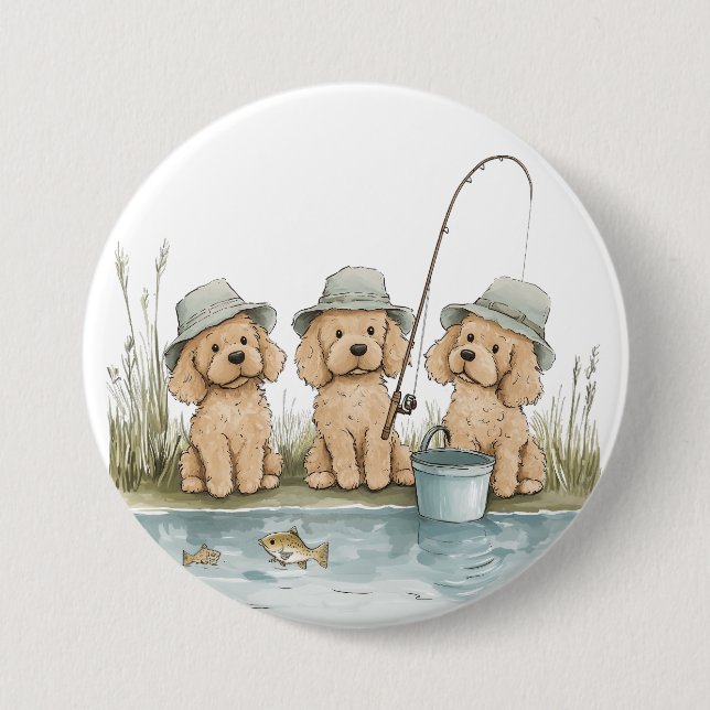 Goldendoodle Dogs Fishing Button (Front)