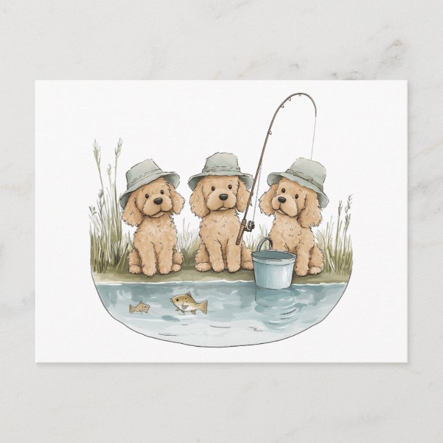 Goldendoodle Dogs Fishing Postcard (Front)