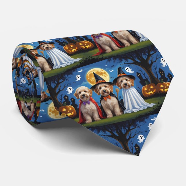 Goldendoodle Dogs Pumpkin Halloween Funny Neck Tie (Rolled)