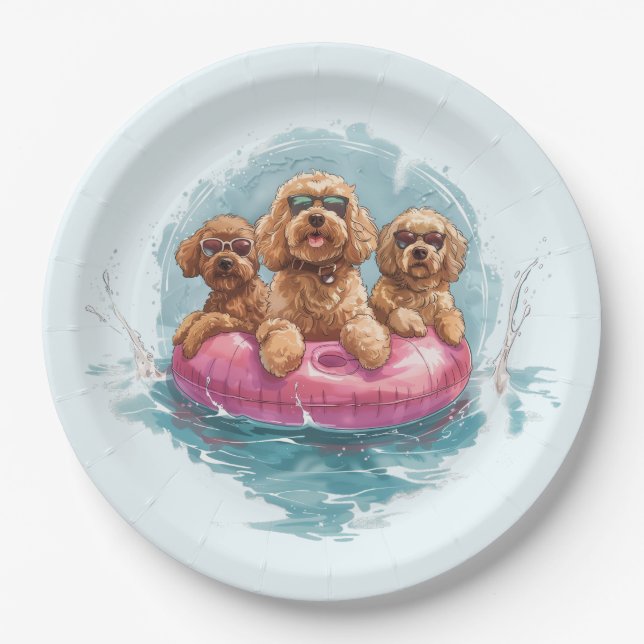 Goldendoodle Dogs Summer Pineapple Pool Float Paper Plates (Front)
