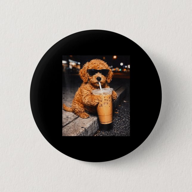 Goldendoodle drinking iced coffee funny animal mem button (Front)