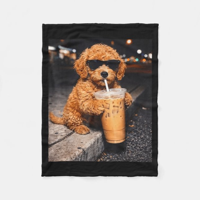 Goldendoodle drinking iced coffee funny animal mem fleece blanket (Front)