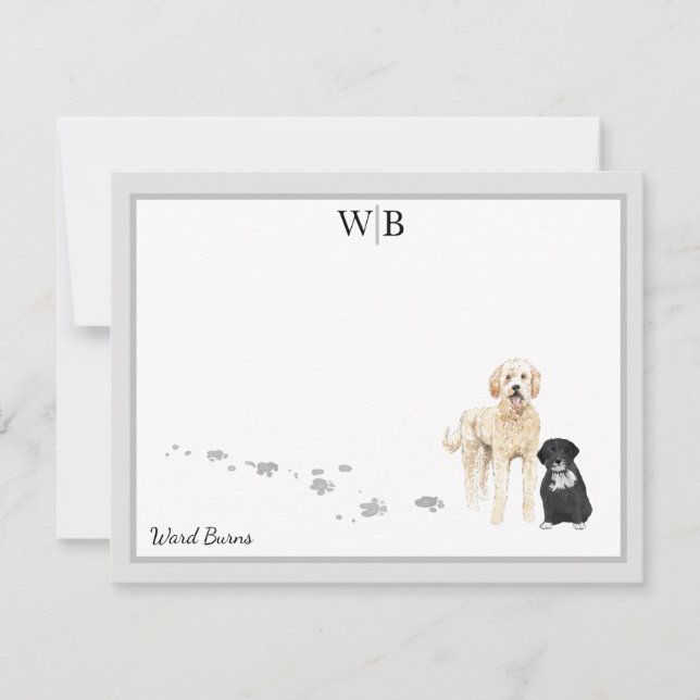 Goldendoodle & Friend Gray Border Monogram Name Note Card (Front)