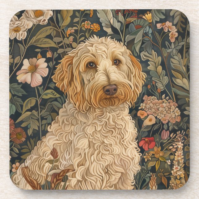 Goldendoodle Garden Tapestry Birthday Party Beverage Coaster (Front)