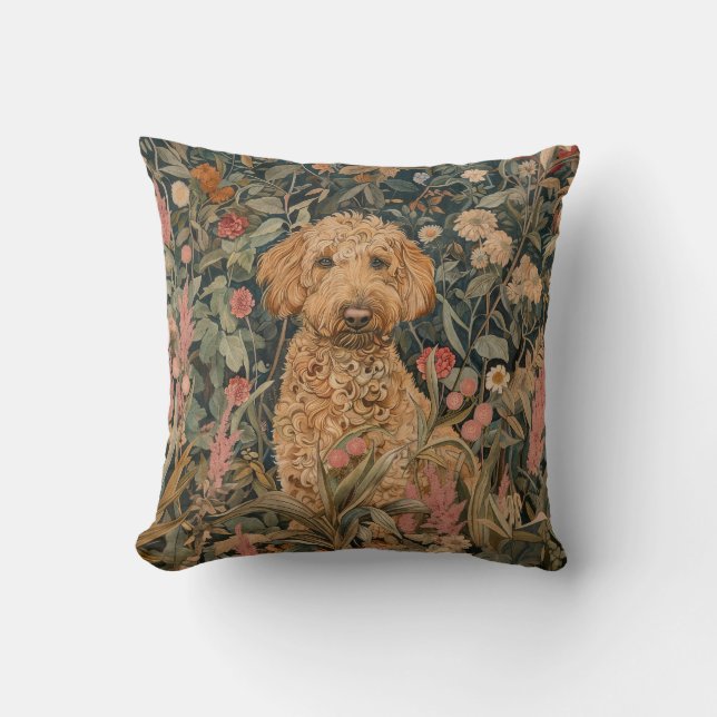 Goldendoodle in a William Morris Style Garden Throw Pillow (Front)