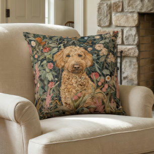 Goldendoodle in a William Morris Style Garden Throw Pillow
