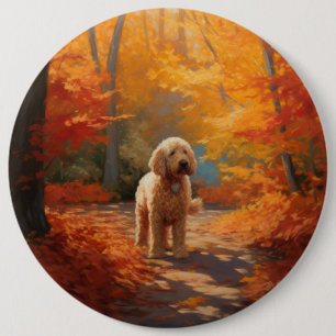 Goldendoodle in Autumn Leaves Fall Inspire Button