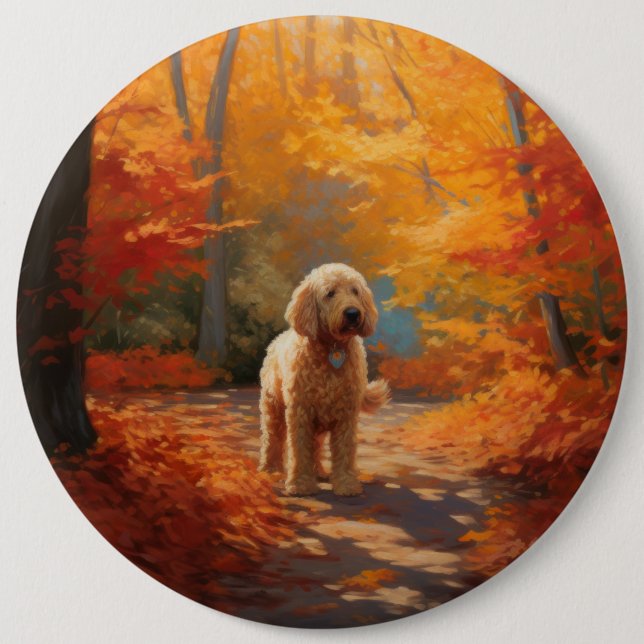 Goldendoodle in Autumn Leaves Fall Inspire  Button (Front)