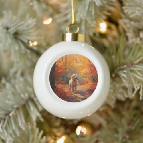 Goldendoodle in Autumn Leaves Fall Inspire  Ceramic Ball Christmas Ornament