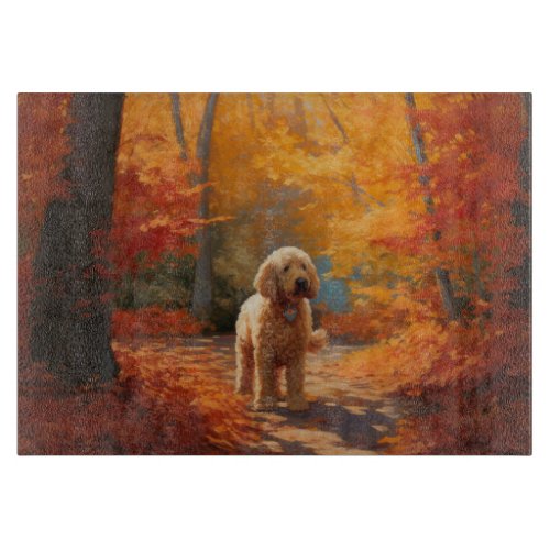 Goldendoodle in Autumn Leaves Fall Inspire  Cutting Board