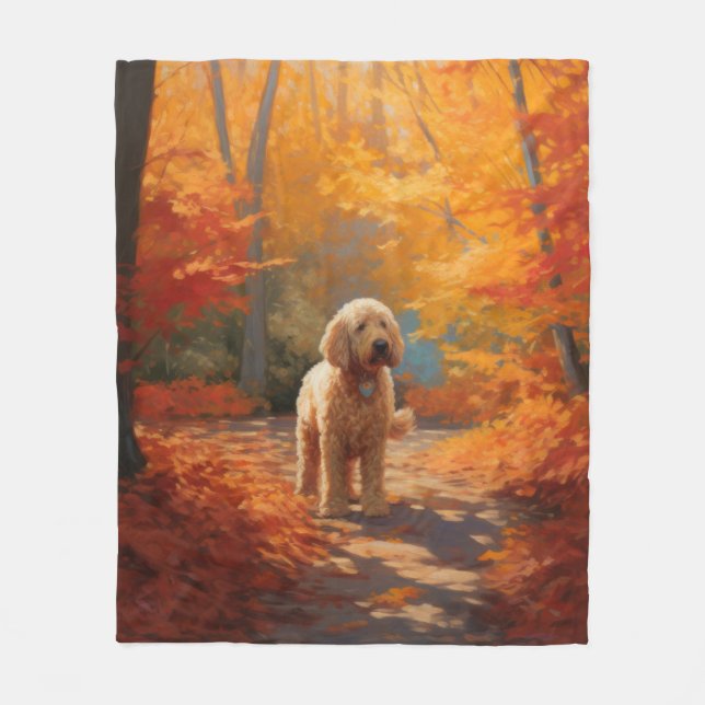 Goldendoodle in Autumn Leaves Fall Inspire  Fleece Blanket (Front)