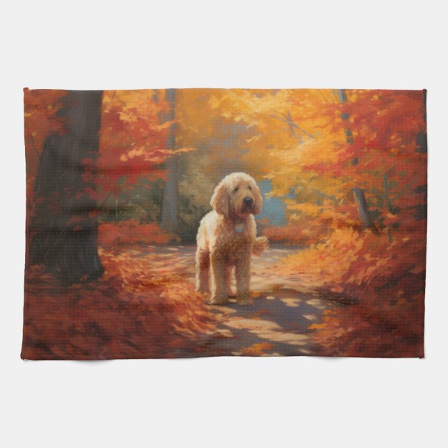 Goldendoodle in Autumn Leaves Fall Inspire  Kitchen Towel (Horizontal)