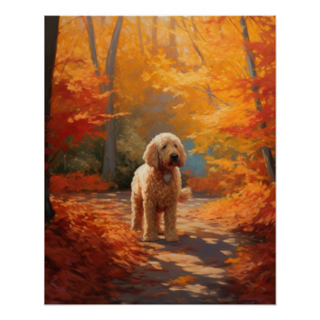 Puppy Laying In The Fall Leaves Background, Goldendoodle Puppy Pictures