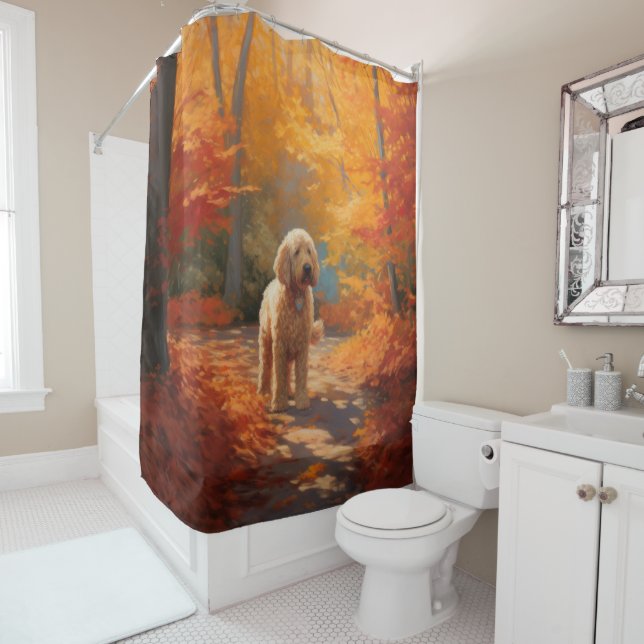 Goldendoodle in Autumn Leaves Fall Inspire  Shower Curtain (In Situ)