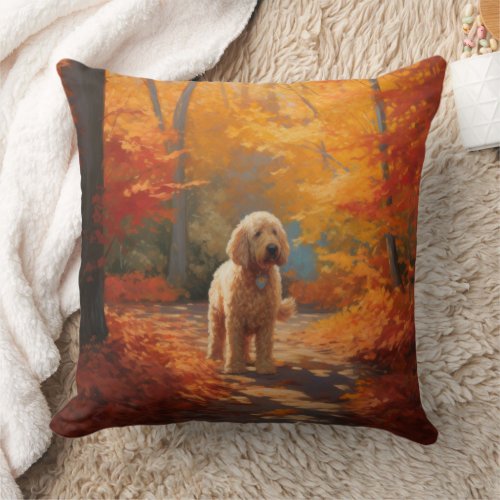 Goldendoodle in Autumn Leaves Fall Inspire  Throw Pillow