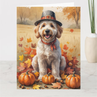 Goldendoodle In Autumn Leaves Thanksgiving Art Card
