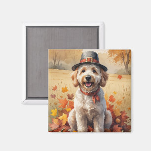 Goldendoodle In Autumn Leaves Thanksgiving Art  Magnet