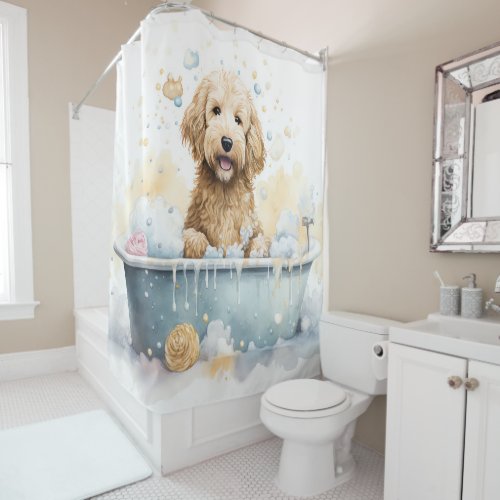 Goldendoodle In Bathtub Watercolor Dog Art Shower Curtain