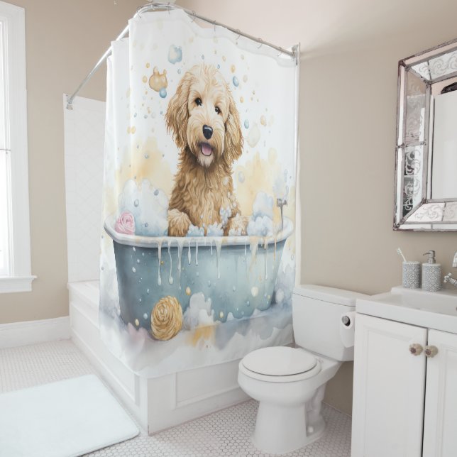 Goldendoodle In Bathtub Watercolor Dog Art Shower Curtain (In Situ)