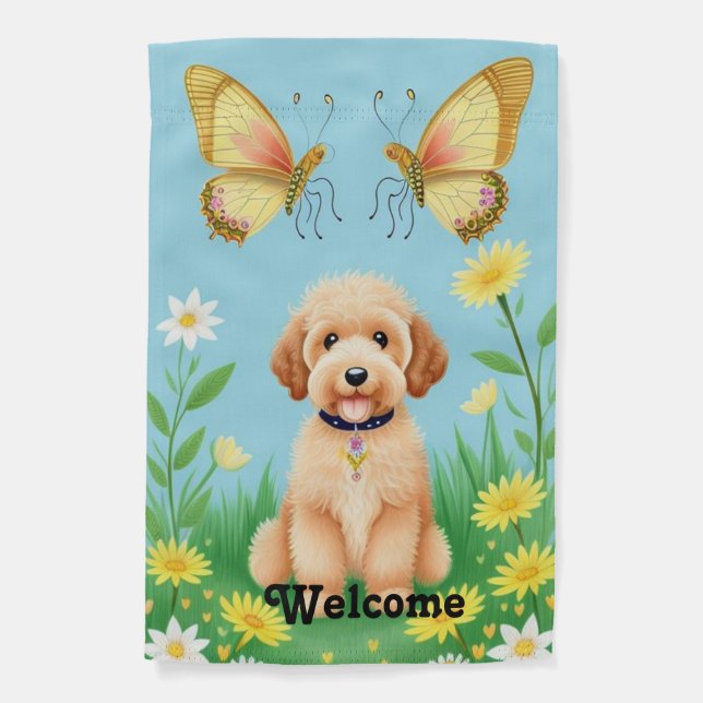 Goldendoodle In Garden  Garden Flag (Front)