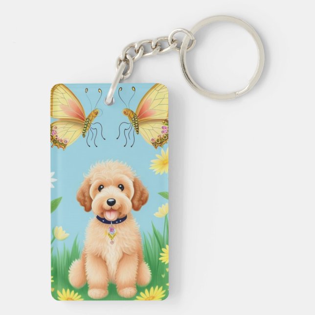 Goldendoodle In Garden  Keychain (Back)