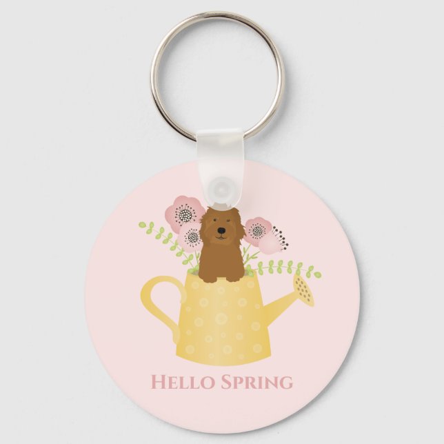 Goldendoodle In Watering Can Keychain (Front)