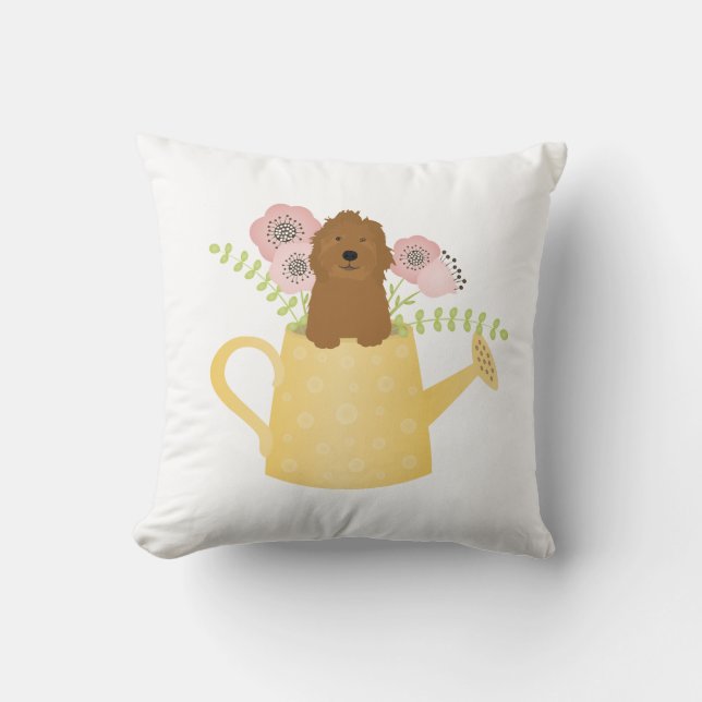 Goldendoodle In Watering Can Throw Pillow (Front)